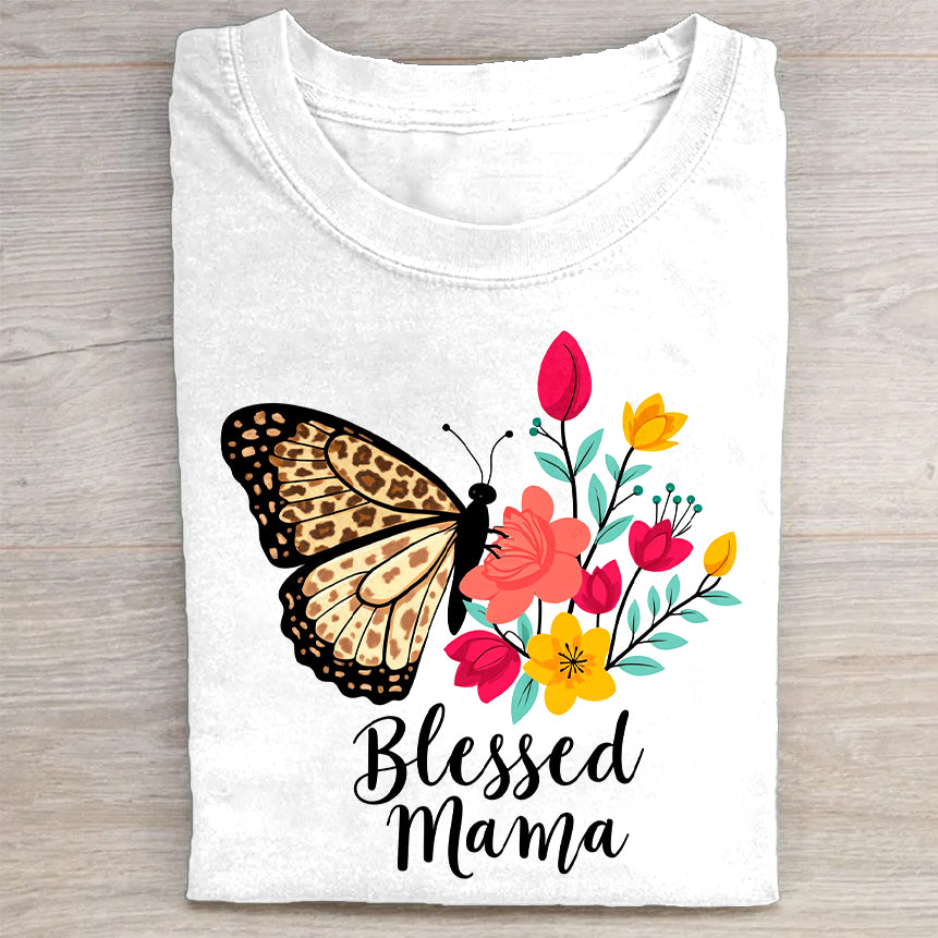 Blessed Mama Butterfly and Flowers Graphic T-Shirt