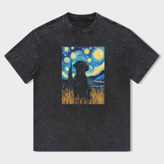 Short Sleeve Black T-Shirt with Starry Night Dog Print for Casual Wear