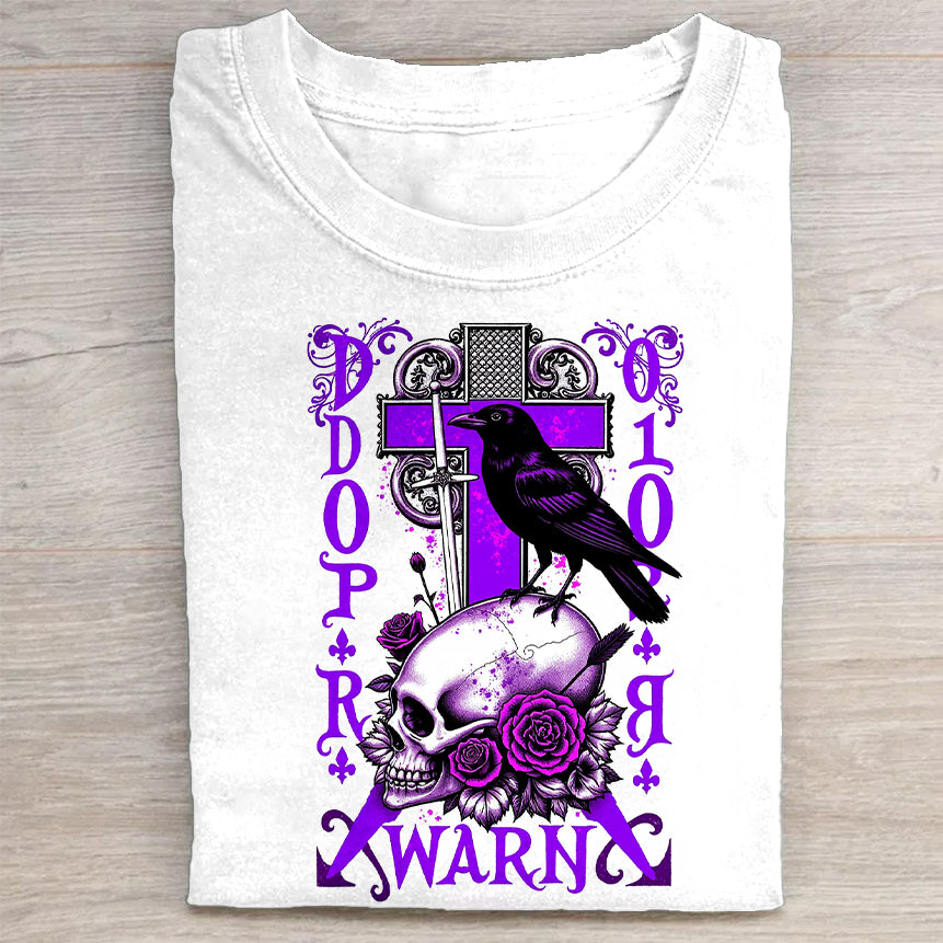 Gothic Skull and Raven Cross Graphic T-Shirt