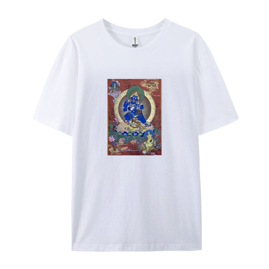 Buddhist Thangka Art T-Shirt Blue Buddha Design Spiritual Meditation Clothing Unique Tibetan Style Graphic Tee Men Women Unisex Fit Comfortable Cotton Top