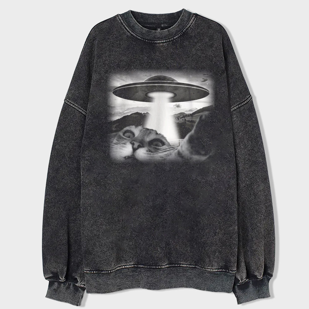 Cat Selfie With UFO Art Acid Wash Sweatshirt - heygraff