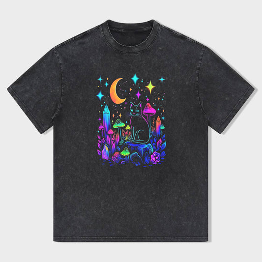 Colorful Cat in Mushroom Forest Graphic T-Shirt
