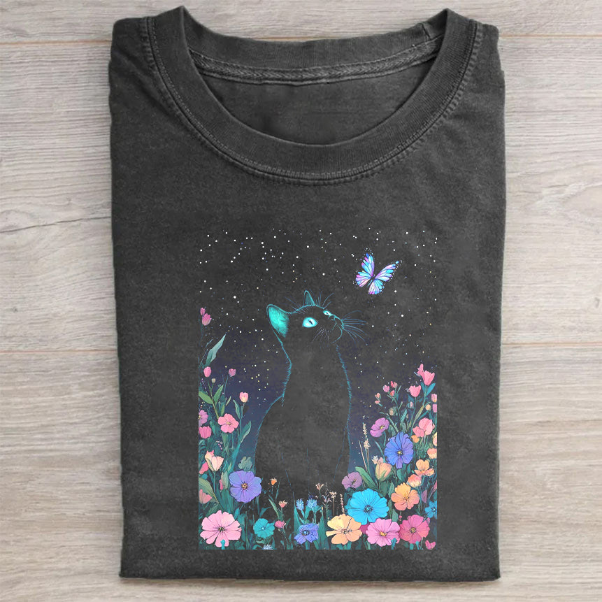 Black Cat in Garden Graphic T-Shirt