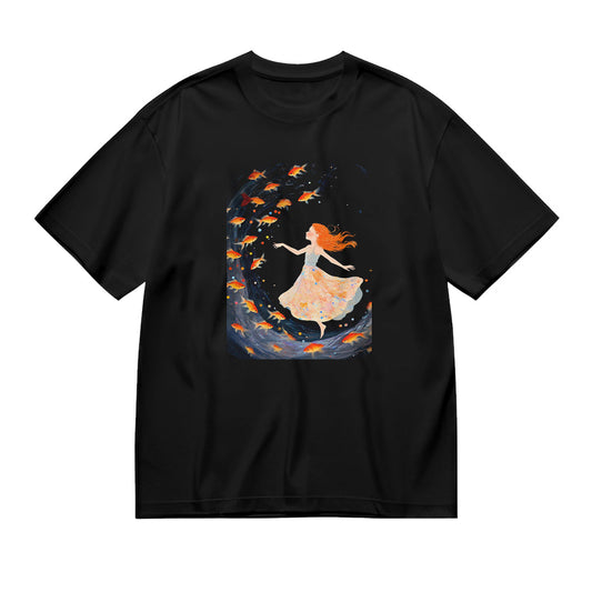 Black T-Shirt with Girl and Leaves Graphic Design - Unique Art Print T-Shirt