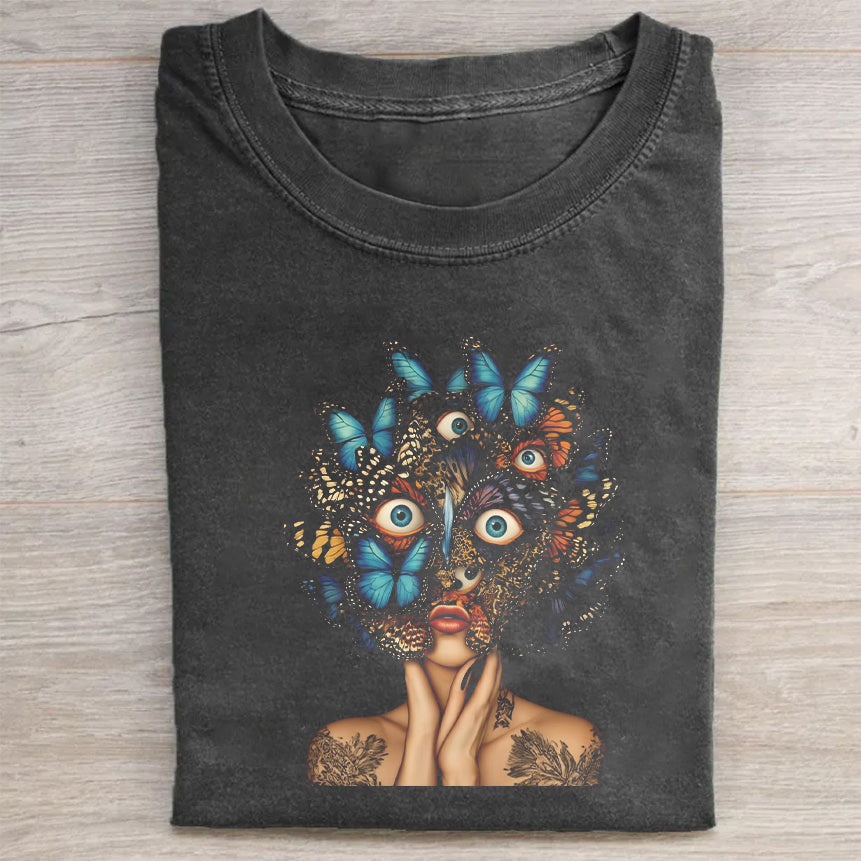 Unisex Crewneck Black T-Shirt with Colorful Butterfly Face Print for Casual Wear