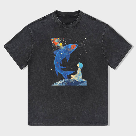 Galaxy Shark and Girl Graphic Print Men's Casual T-Shirt