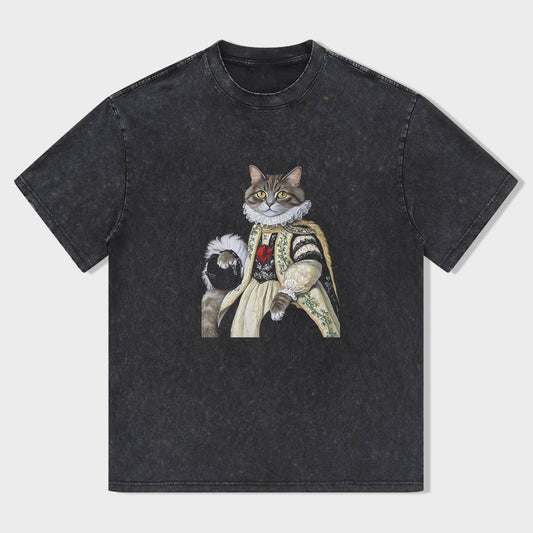 Vintage Black T-Shirt with Royal Cat Graphic