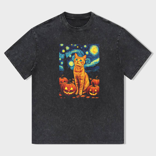Halloween Themed Crew Neck Black T-Shirt with Van Gogh Cat and Pumpkins Print for Festive Season