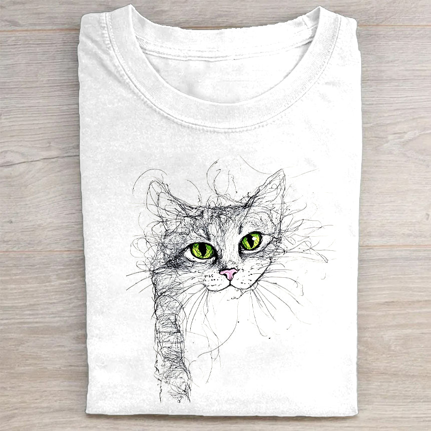 Cute Cat Sketch Graphic Print Women's Casual T-Shirt