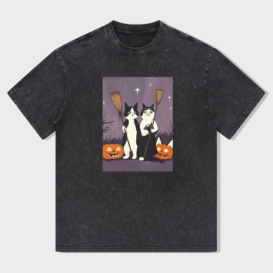 Halloween Cat Pumpkin Graphic Tee for Women Men Unisex Casual Cotton T-Shirt