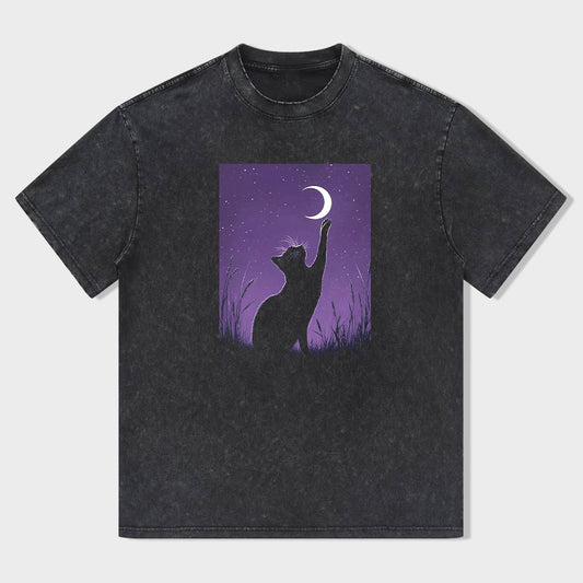Cat Reaching for Crescent Moon Graphic T-Shirt