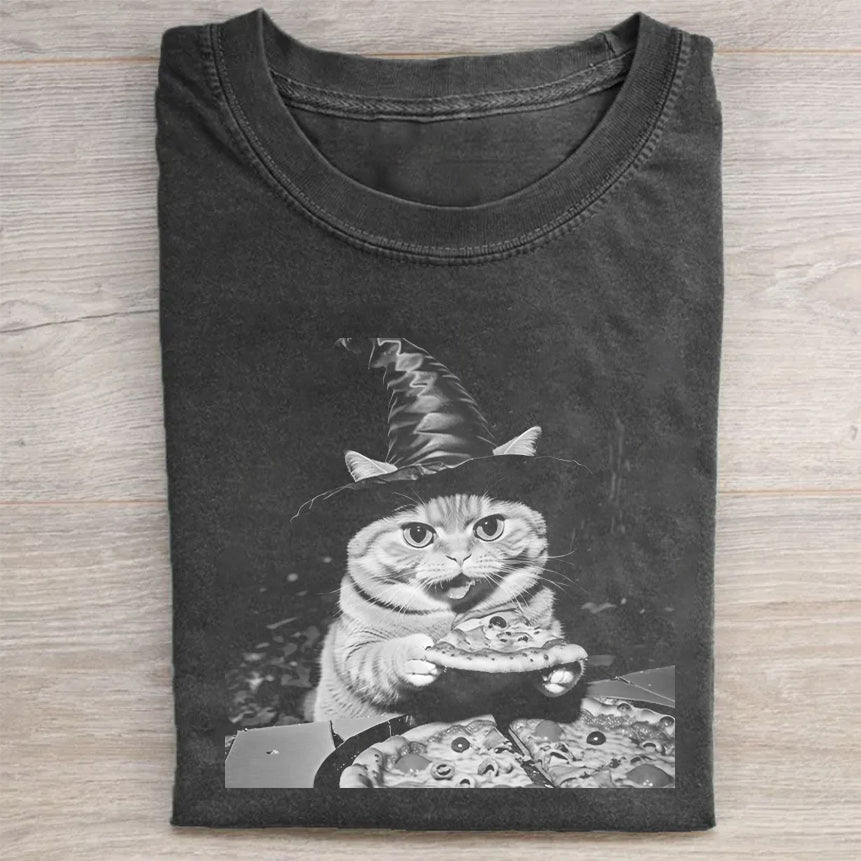 Witch Cat Holding Pizza Graphic Print T-Shirt
