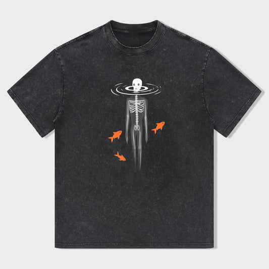 Skull Skeleton Fish Graphic Print Men's Casual T-Shirt
