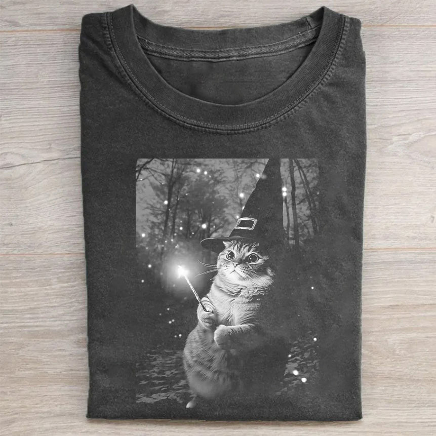 Magical Cat Witch with Wand in Enchanted Forest Print T-Shirt