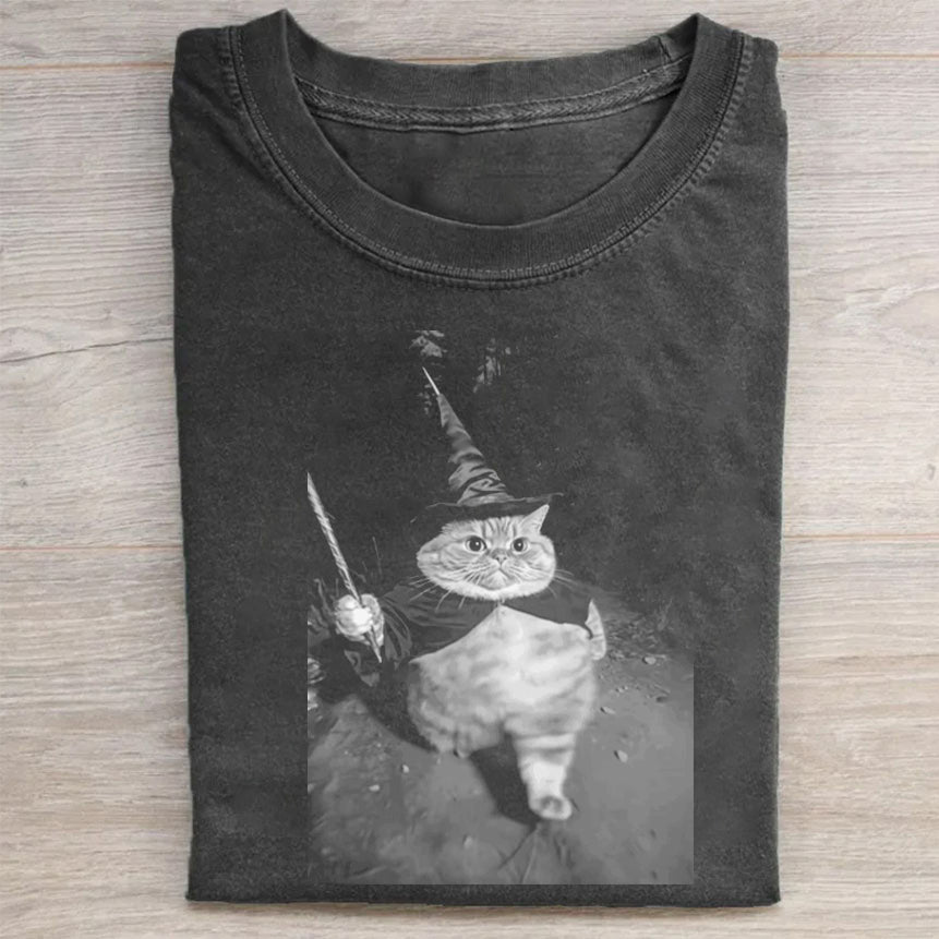 Witch Cat with Broomstick Graphic Print T-Shirt
