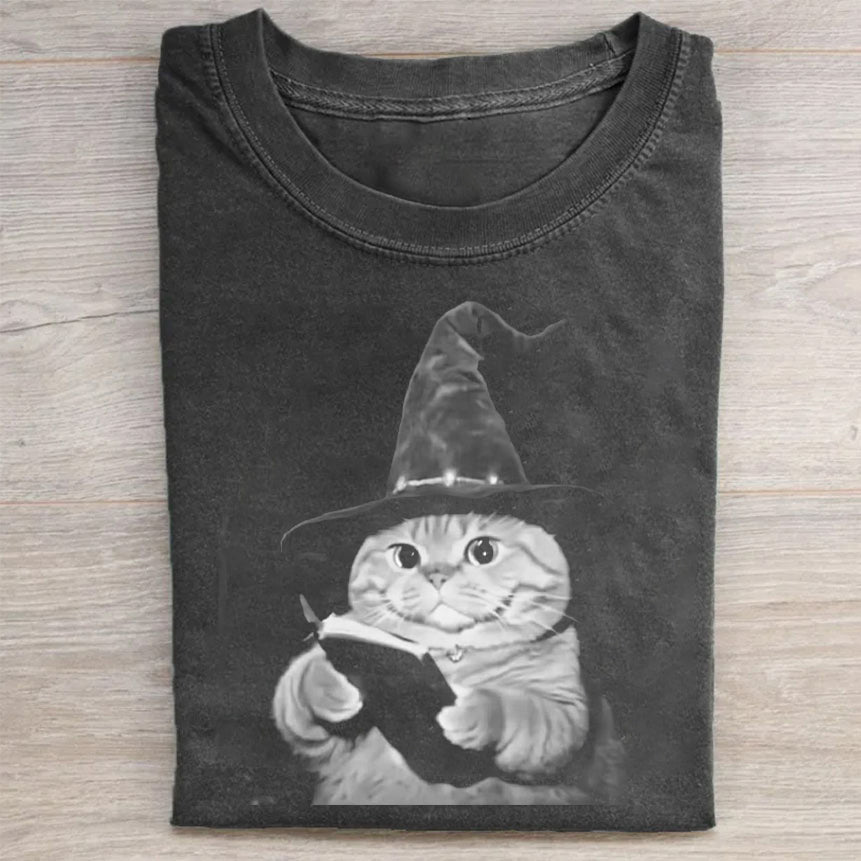 Witch Cat Holding Book Graphic Print T-Shirt
