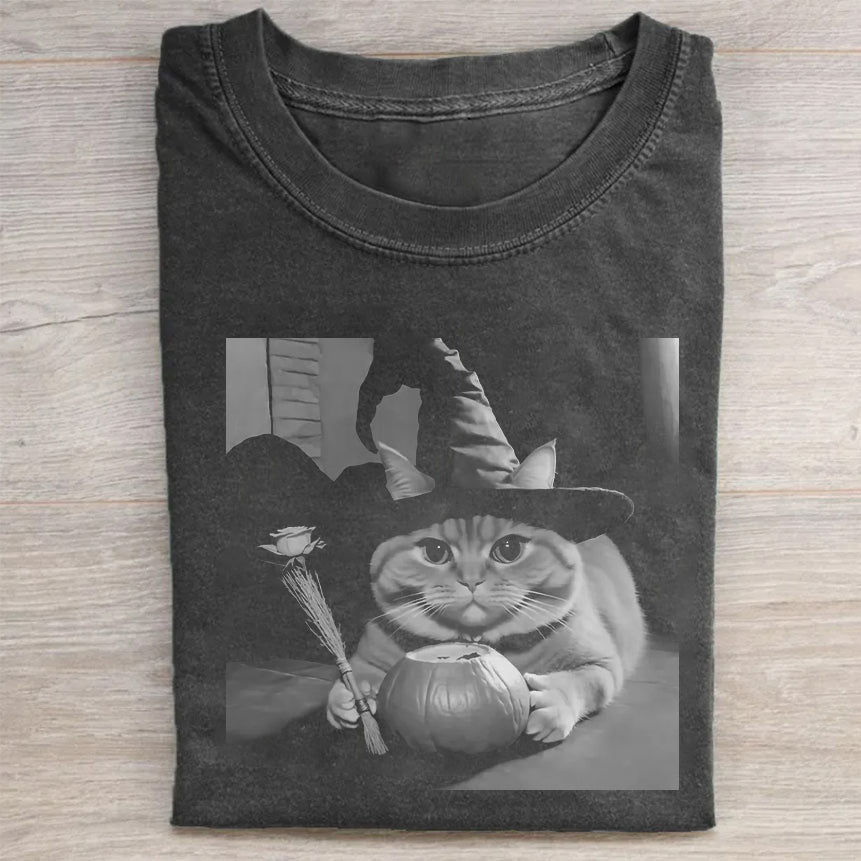Cute Cat in Witch Hat with Pumpkin Halloween Graphic T-Shirt