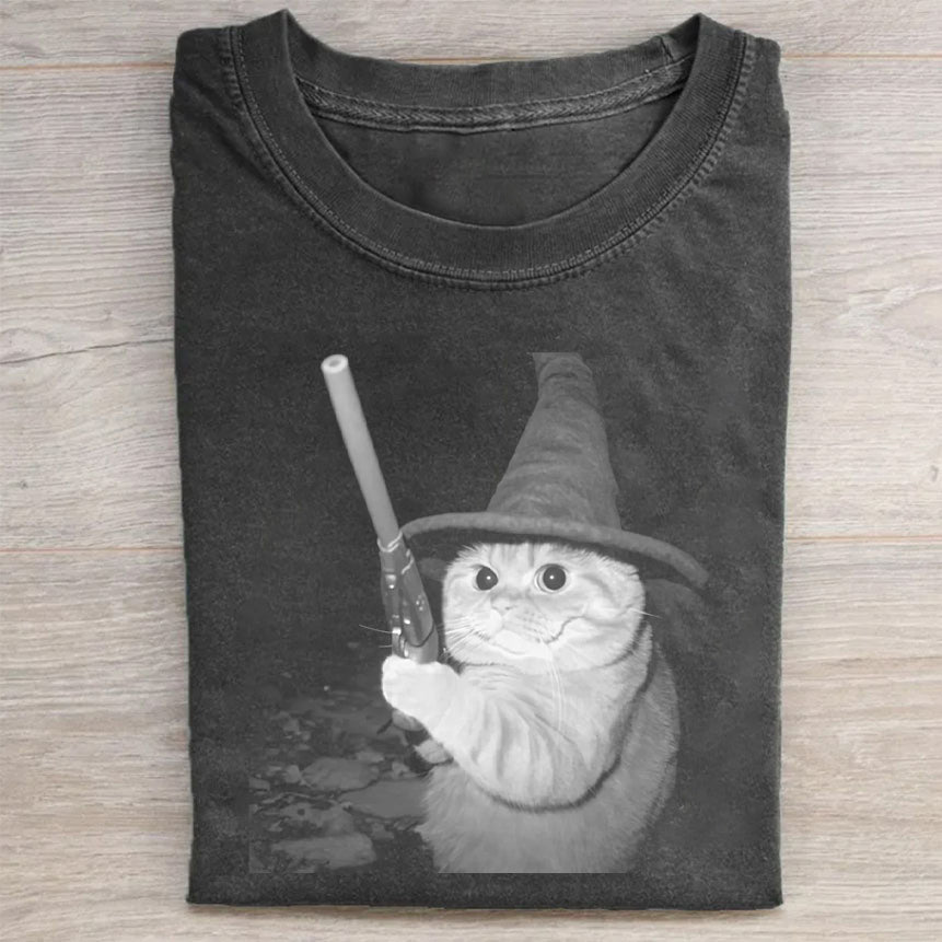 Cute Cat Witch Holding Broom Halloween Graphic T-Shirt
