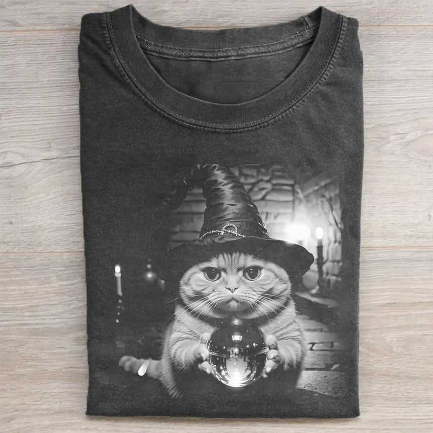 Witch Cat with Crystal Ball Graphic Print T-Shirt