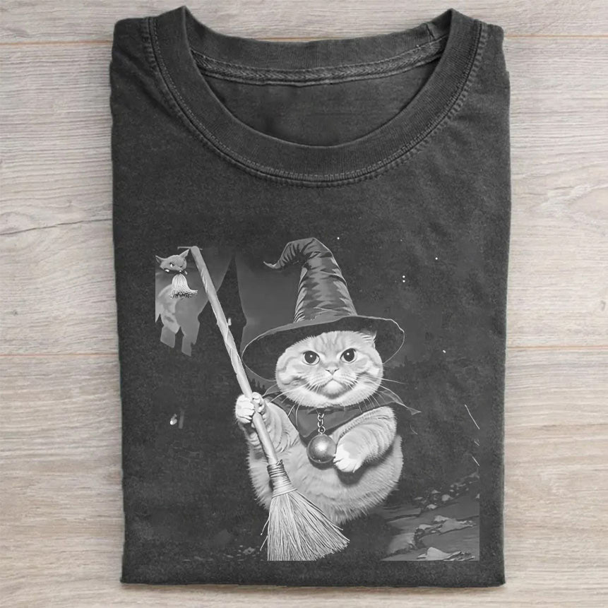 Cute Cat Witch with Broomstick Halloween Graphic T-Shirt