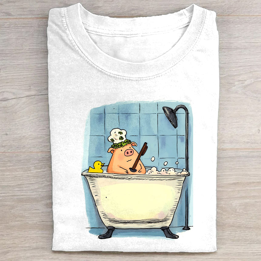 Cute Pig in Bathtub Cartoon Print T-Shirt