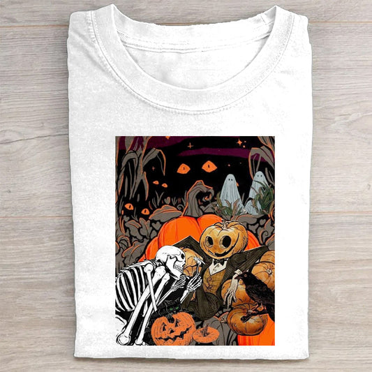 Halloween Pumpkin Ghosts and Skeletons Graphic Print T-Shirt