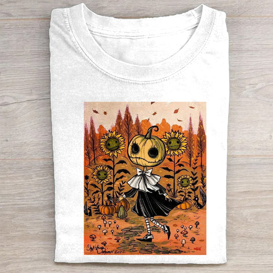 Pumpkin Head Sunflower Field Halloween Art Print T-Shirt