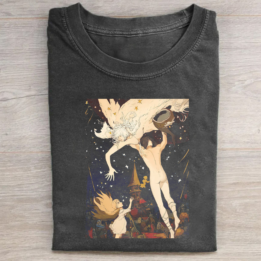 Vintage Black T-Shirt with Celestial Angel Graphic Print