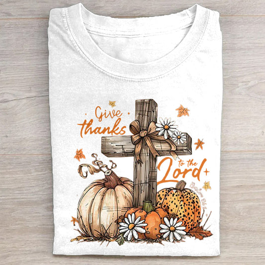Give Thanks to the Lord Cross Pumpkin Floral Print T-Shirt