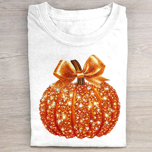 Sparkling Pumpkin with Bow Graphic T-Shirt