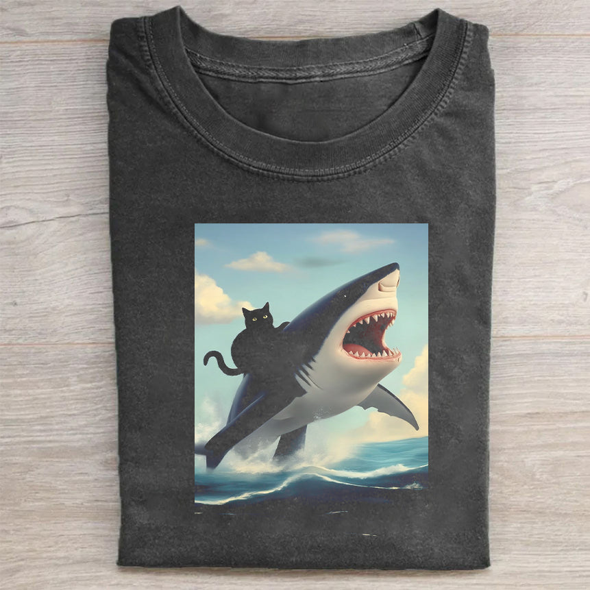 Funny Cat Riding Shark Graphic T-Shirt