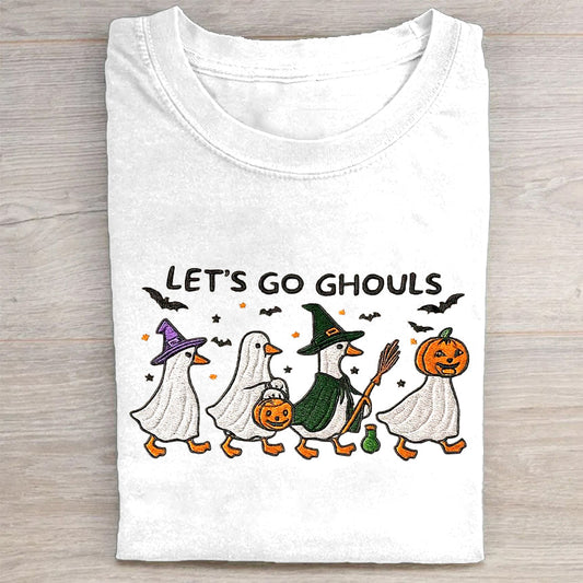 Let's Go Ghouls Halloween Ghosts and Pumpkin Graphic Print T-Shirt