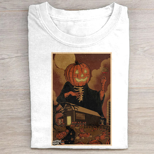 Halloween Pumpkin Skeleton House Print Graphic T-Shirt