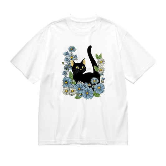 Black Cat and Blue Flowers Graphic T-Shirt