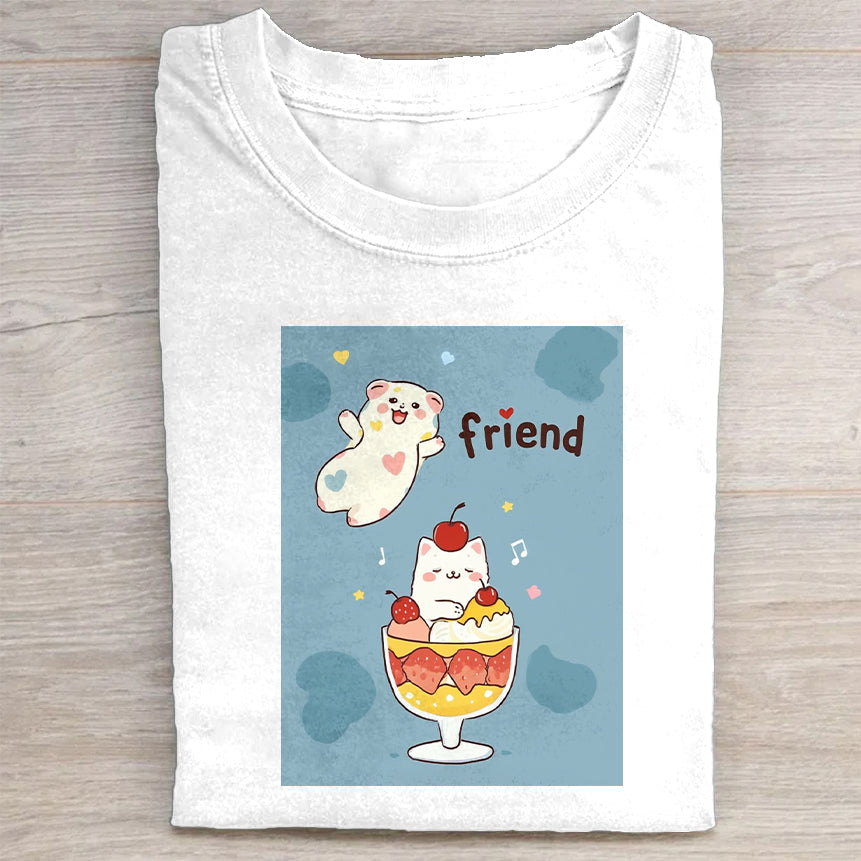 Cute Cartoon Ghost and Cat Ice Cream Bowl Design Graphic T-Shirt