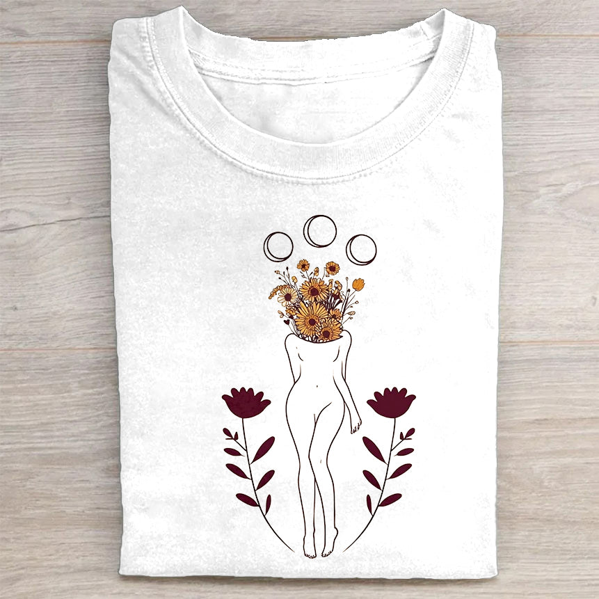 Women's Crew Neck White T-Shirt with Floral Lioness Design for Casual Wear