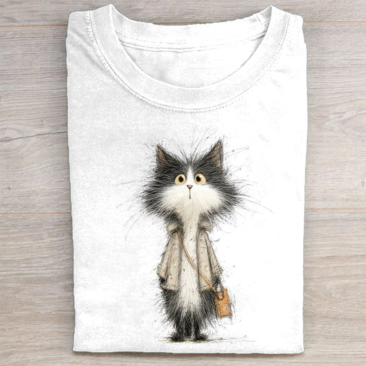 Fashionable Cat with Briefcase Graphic Print T-Shirt