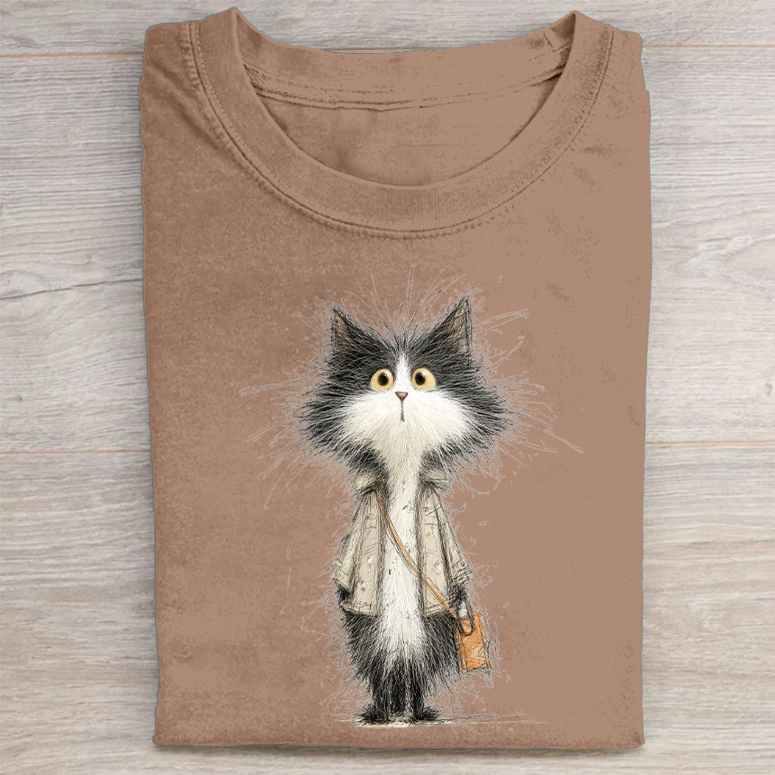 Fashionable Cat with Briefcase Graphic Print T-Shirt