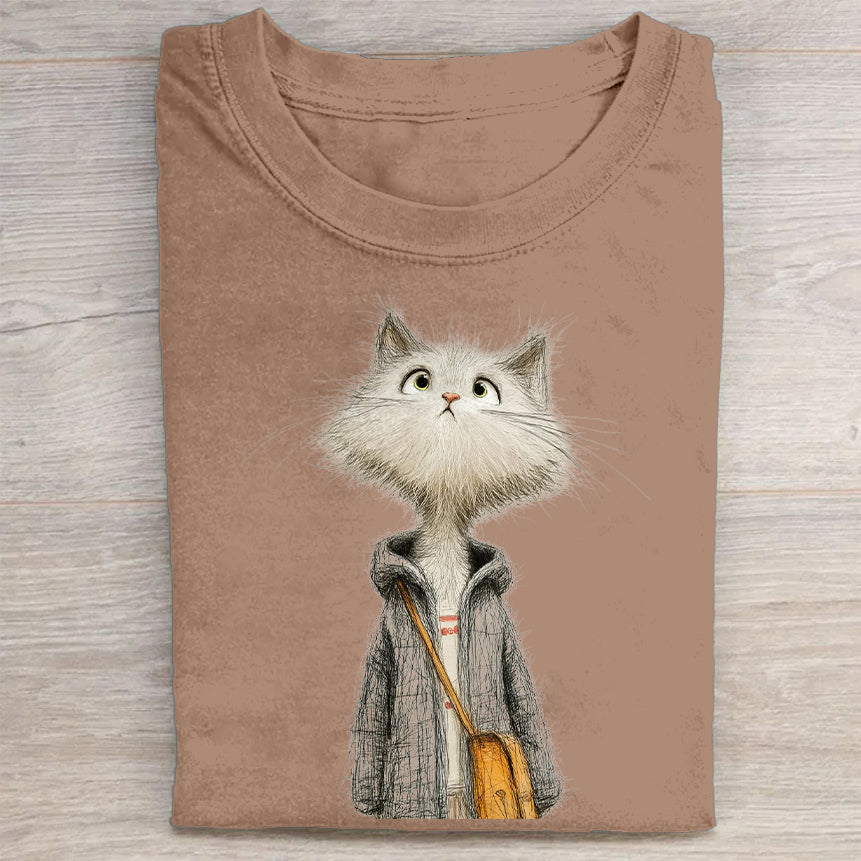 Cute Cat in Hoodie with Satchel Graphic Print T-Shirt