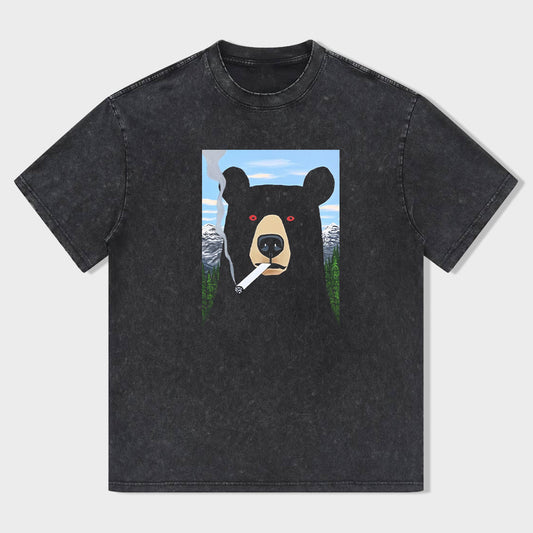 Short Sleeve Black T-Shirt with Cool Bear Smoking Design for Casual Wear