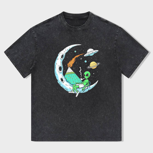 Alien on Moon with Spaceship Graphic T-Shirt