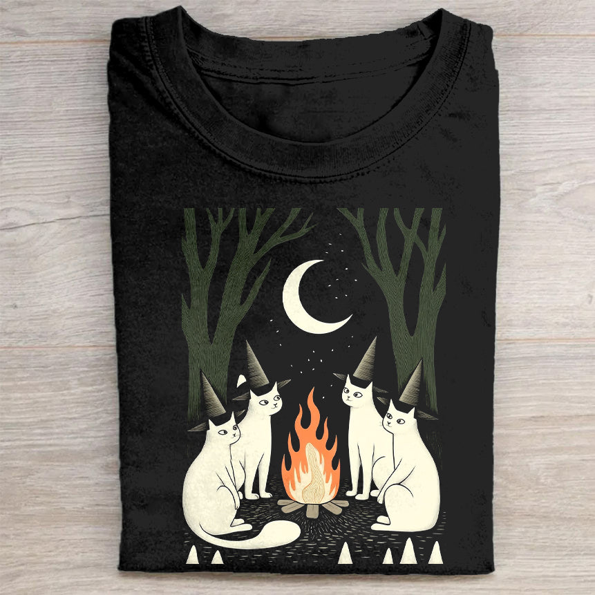 Black Graphic T-Shirt with Cats Around Campfire Design - Unisex T-Shirt