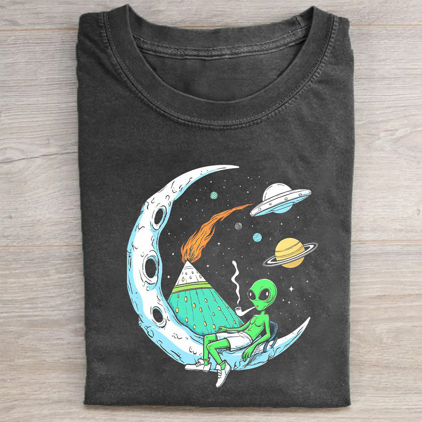 Alien on Moon with Spaceship Graphic T-Shirt