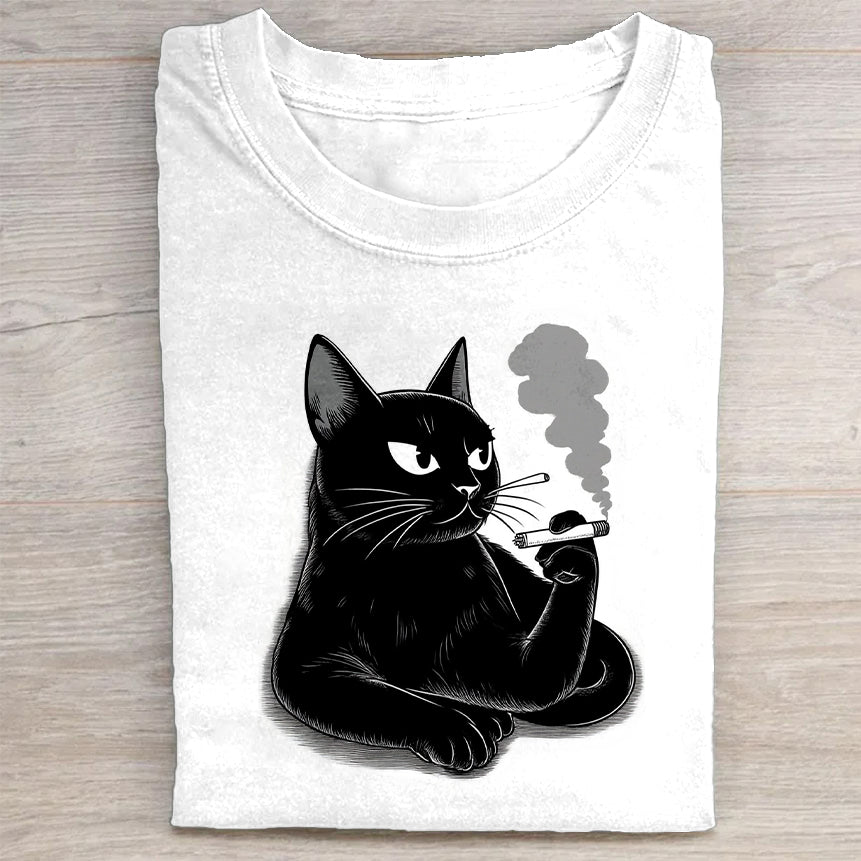 Black Cat Smoking Design Graphic T-Shirt