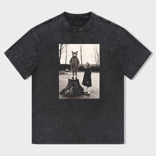 Vintage Black T-Shirt with Cat and Girl Graphic