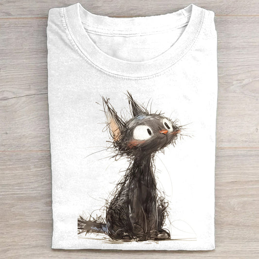 Adorable Fluffy Cat Graphic Print T-Shirt