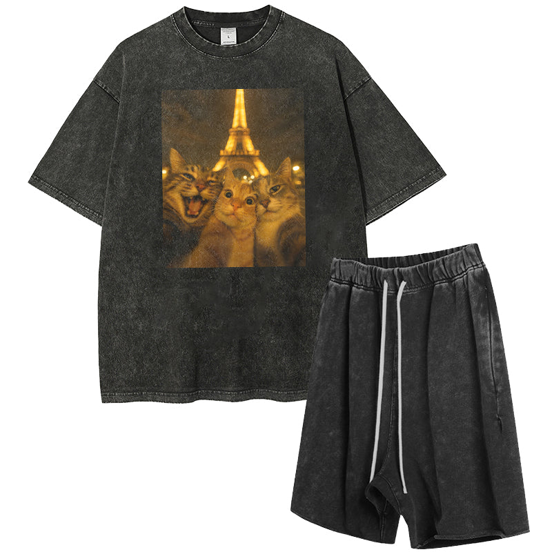Cat Taking Selfie with Eiffel Tower Funny Uniex Tee Shorts Suit