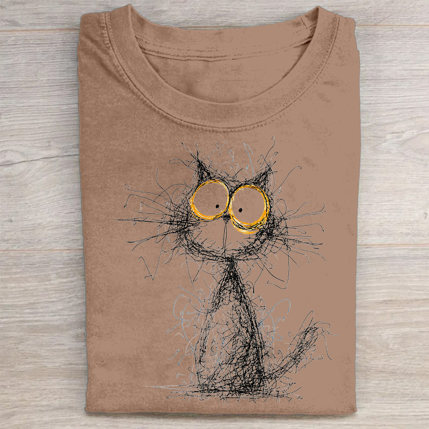 Abstract Cat Sketch with Blue Eyes Graphic T-Shirt