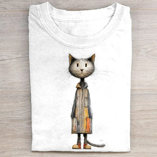 Chic Cat in Coat with Briefcase Graphic Print T-Shirt