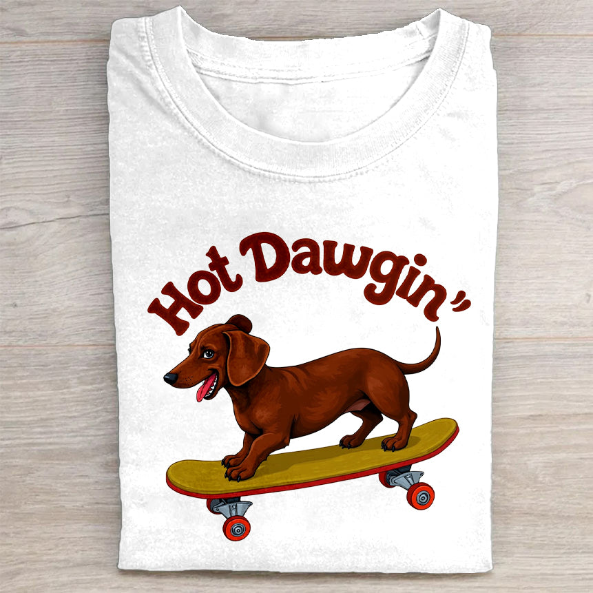 Hot Dawgin' Dachshund Skateboard Graphic T-Shirt